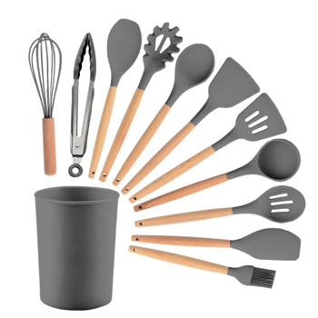 Silicone Kitchen Cooking Utensils Set with Wooden Handles 12 PCS Gray