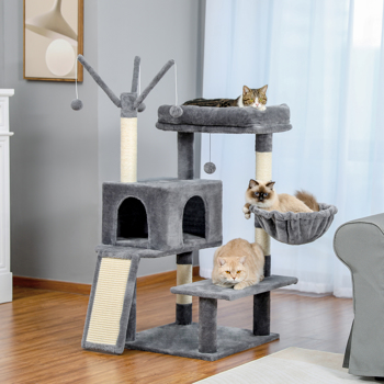 Modern Cat Tree Multi-Level Cat Tower for Large Cats with Spacious Condo, Cozy Hammock, Large Top Perch and Scratching Board for Big Cats (Minimum Retail Price for US: USD 89.99)