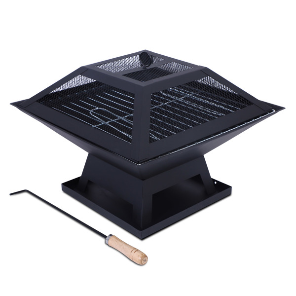 Outdoor Square Fire Pit, Heavy Duty Fire Bowl with Spark Screen Cover and Poker