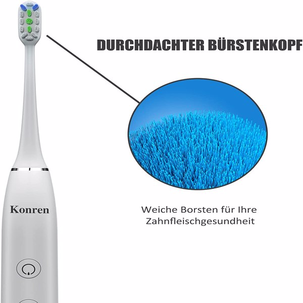 Konren elektrische Zahnbürste Schallzahnbürste KR-W7，mit 4 Aufsteckbürsten und Timer, 5 Modi & 3 Vibrationsstärken mit Reisetasche, Weiß
