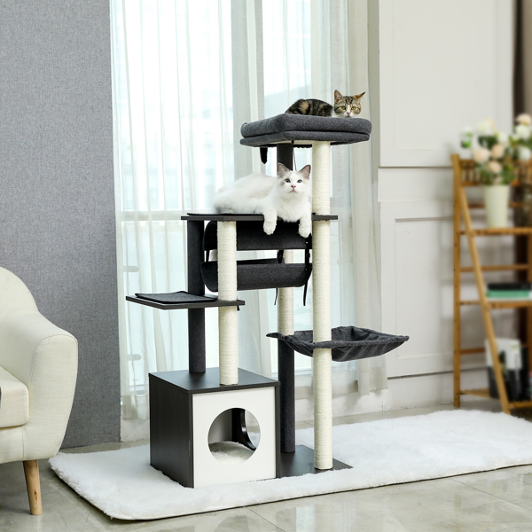 Modern Cat Tree 6 Levels Wooden Cat Tower with Sisal Scratching Posts, Roomy Condo, Spacious Perch, Super Large Hammock and Swing Tunnel for Indoor Cats Grey (Minimum Retail Price for US: USD 149.99)(