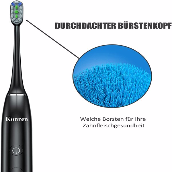 Konren elektrische Zahnbürste Schallzahnbürste KR-W7，mit 4 Aufsteckbürsten und Timer, 5 Modi & 3 Vibrationsstärken mit Reisetasche, Schwarz