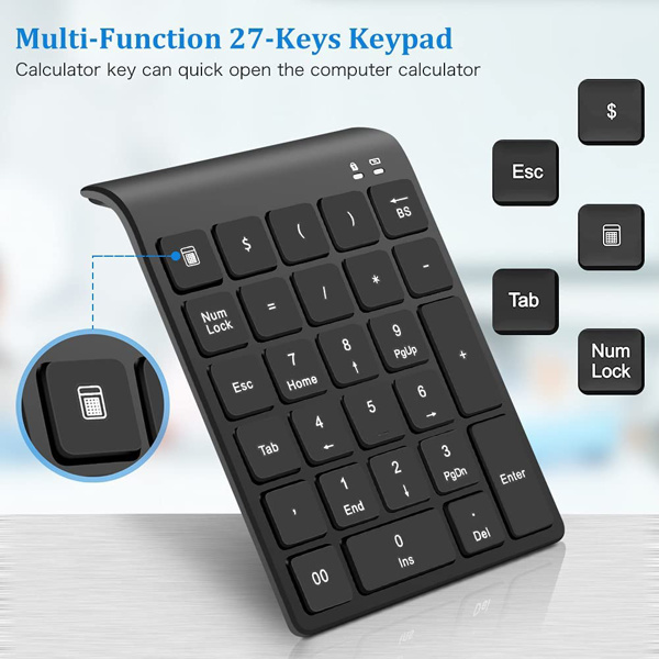 Wireless Number Pads, Numeric Keypad Numpad 27 Keys Portable 2.4 GHz Financial Accounting Number Keyboard with Clean Brush Slim Min Extensions for MacBook, MacBook Air/Pro,Notebook, Desktop,Laptop,PC