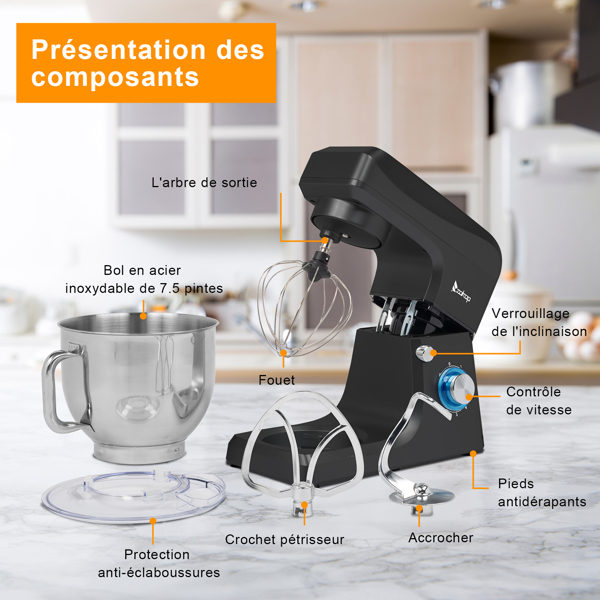 SM-1511X 欧规 7L 厨师机 230.00V 660.00W 搅拌锅不带手柄 不锈钢ABS 黑色注塑 揉面打浆打蛋打奶油-13