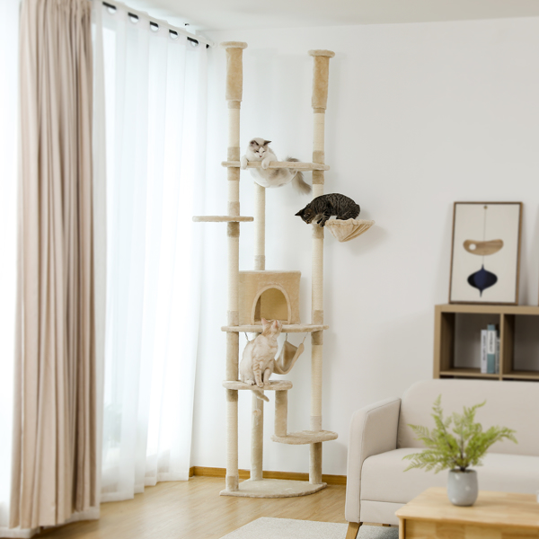 Floor to Ceiling Cat Tree Height Adjustable Cat Tower Tall Kitty Climbing Play House with Scratching Posts, Cozy Condo, Perches and Large Hammock Beige (Minimum Retail Price for US: USD 149.99)