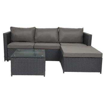  三座连体沙发 脚蹬 茶几 深灰色坐垫 黑色渐变藤 编藤三件套 铁质