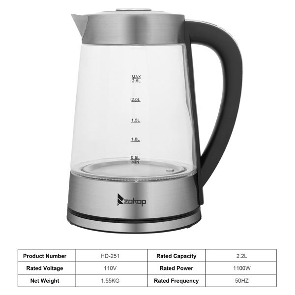 HD-251 2.2L 110V 1100W Electric Kettle Stainless Steel Glass Blue Light With Electronic Handle