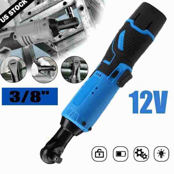 3/8" Cordless Ratchet Right Angle Wrench Impact Power Tool 2 Battery & 7 Socket