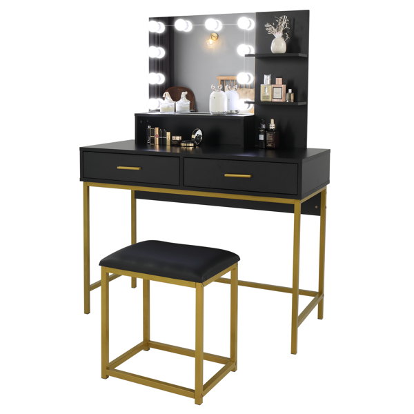 Large Vanity Set with 10 LED Bulbs, Makeup Table with Cushioned Stool, 3 Storage Shelves 2 Drawers, Dressing Table Dresser Desk for Women, Girls, Bedroom, Black
