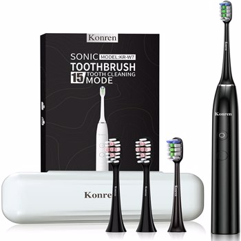 Konren elektrische Zahnbürste Schallzahnbürste KR-W7，mit 4 Aufsteckbürsten und Timer, 5 Modi & 3 Vibrationsstärken mit Reisetasche, Schwarz
