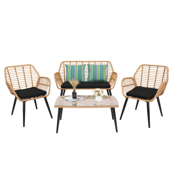 PE Steel Outdoor Wicker Rattan Chair Four-Piece Patio Furniture Set Yellow