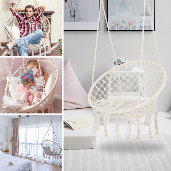 Indoor Outdoor Use Hammock Chair Macrame Hanging Swing Cotton Rope Hammock Swing Chair w/Hardware Kit,Beige [Sale to Temu is Banned.Weekend can not be shipped, order with caution]