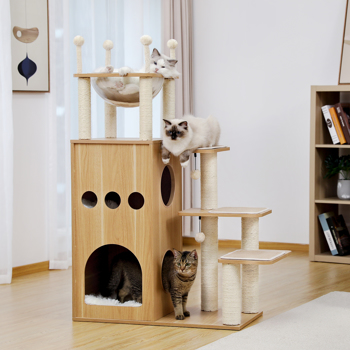 Modern Wooden Cat Tree Multi-Level Cat Tower With Fully Sisal Covering Scratching Posts, Deluxe Condos And Large Space Capsule Nest (Minimum Retail Price for US: USD 189.99)