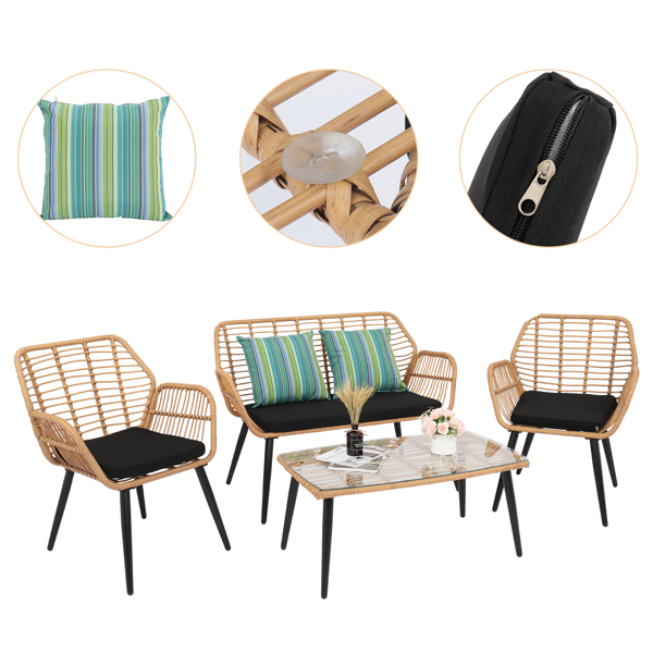 PE Steel Outdoor Wicker Rattan Chair Four-Piece Patio Furniture Set Yellow