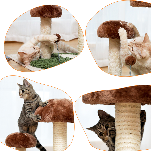 Cat Scratching Post Mushroom Claw Scratcher with Natural Sisal Rope Interactive Spring Ball for Kittens and Small Cats