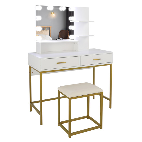 Large Vanity Set with 10 LED Bulbs, Makeup Table with Cushioned Stool, 3 Storage Shelves 2 Drawers, Dressing Table Dresser Desk for Women, Girls, Bedroom, White