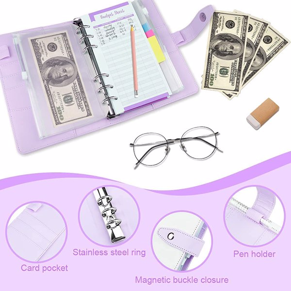 （Amazon Banned）Budget Binder, Money Organizer for Cash with 12pcs Clear Pockets & 24pcs Budget Sheets Budget Planner A6 Binder with PU Leather, Cash Envelopes for Budgeting with Label Stickers