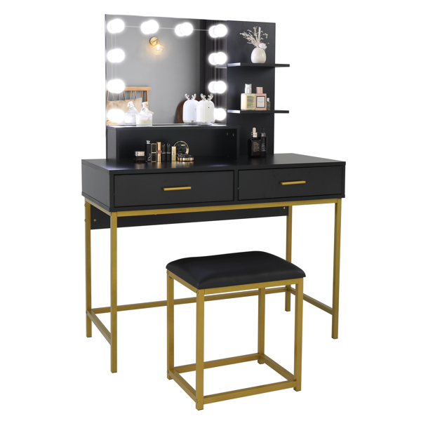 Large Vanity Set with 10 LED Bulbs, Makeup Table with Cushioned Stool, 3 Storage Shelves 2 Drawers, Dressing Table Dresser Desk for Women, Girls, Bedroom, Black
