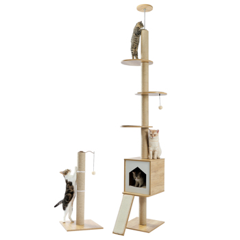 Cat Tree Floor-to-Ceiling Cat Tower Cat Activity Center with Sisal Scratching Post and Cat Condo, Ramp Ladder, Multi-Level Platforms Adjustable Height (Minimum Retail Price for US: USD 149.99)