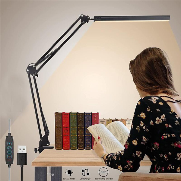 Lightweight Eye Caring Table Lamp With Swing Arm, 360 ° Range Of Motion Desk Light With Adapter, 3 Color Modes,10 Brightness Levels