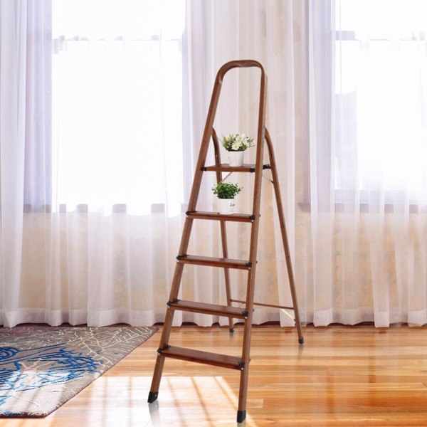 5 Step Ladder Folding Aluminum Lightweight Ladder Woodgrain Step Ladder Anti-Slip Sturdy and Wide Pedal Ladders for Home and Kitchen 330lbs