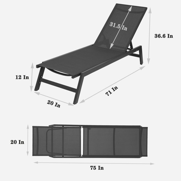 Outdoor Chaise Lounge Chair,Five-Position Adjustable Aluminum Recliner,All Weather For Patio,Beach,Yard, Pool(Grey Frame/Black Fabric)