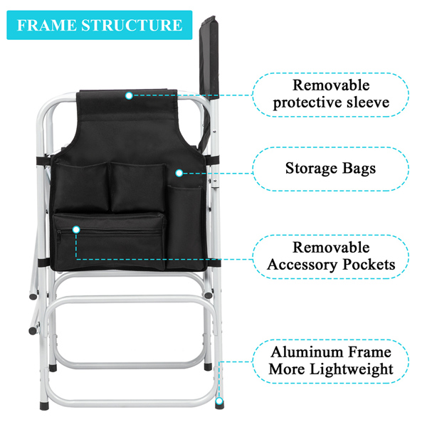 Silver White Iron Pipe Black Cloth Surface Plastic Sprayed Iron Round Pipe Director's Chair 103*60*499cm 120kg Without Carrying Bag