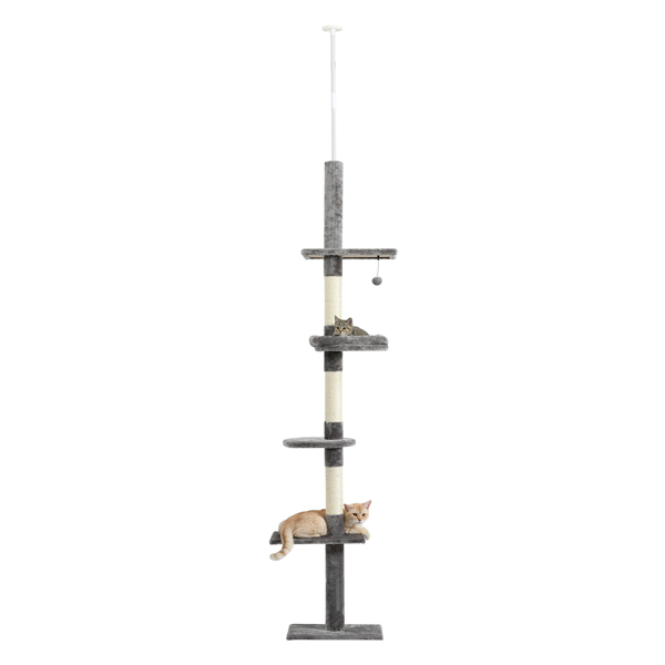 Cat Tree 5-Tier Floor to Ceiling Cat Tower Height Adjustable, Tall Kitty Climbing Activity Center with Scratching Post, Cozy Bed, Dangling Ball for Indoor Cats/Kitten