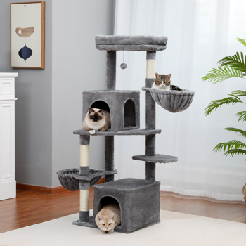 Cat Tree Modern Cat Tower Multilevel Cat Play House with Sisal Scratching Posts, Large Condo, Dual Spacious Hammock, Cozy Top Perch and Dangling Balls Grey