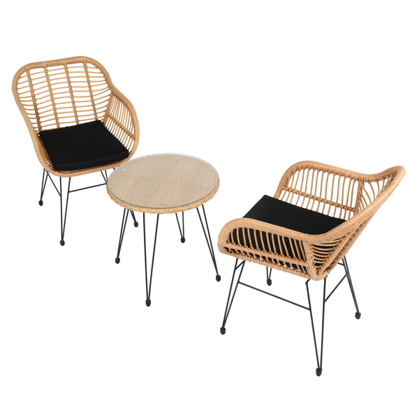 Oshion 3 pcs Wicker Rattan Patio Conversation Set with Tempered Glass Table Flaxen Yellow