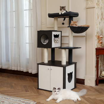 All-in-One Multi-Functional Cat Tree Modern Wood Cat Tower with Cat Washroom Litter Box House, Cat Condo, Top Perch, Large Hammock and Scratching Post Black