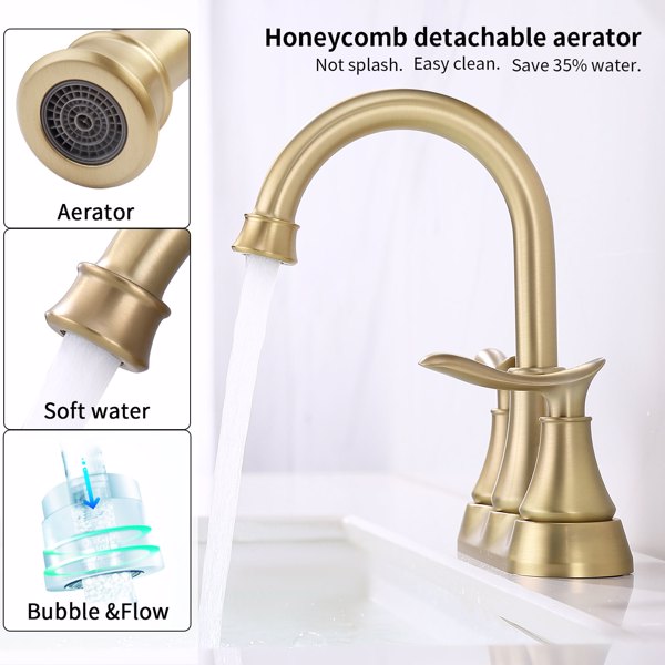 2-Handle 4-Inch Brushed Gold Bathroom Faucet, Bathroom Vanity Sink Faucets with Pop-up Drain and Supply Hoses