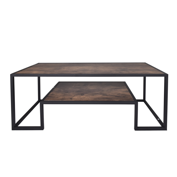 Modern Geometric-Inspired Wood Coffee Table,  2-Tier Sturdy Wood and Metal Cocktail Table for Home Living Room, Office, Rustic Oak