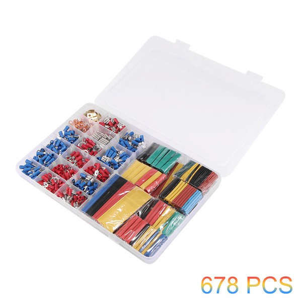 678 Pcs Car Electrical Wire Terminals Insulated Crimp Connectors Spade Set Kit Cold Press Connection Terminal Heat Shrinkable Tube Sleeve Combination
