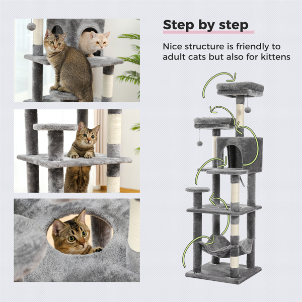 Modern Cat Tree Multi-level Cat Tower Cat Play House with Sisal Scratching Posts, Cozy Condo, Spacious Hammock, Dual Top Perches and Dangling Balls Grey