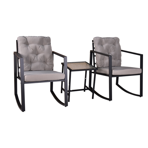 3 Pieces Patio Furniture Outdoor Bistro Conversation Sets with Metal Rocking Chairs and Glass Coffee Table, Gray