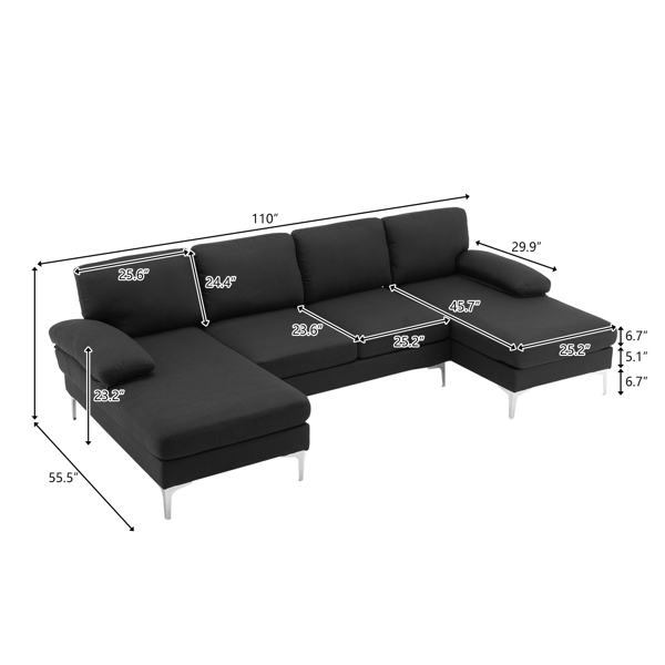 FCH 285*137*85cm U-Shaped Fabric With Two Imperial Concubine Iron Feet 4 Seats Indoor Modular Sofa Black 