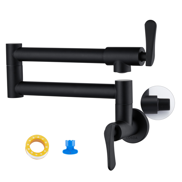Pot Filler Faucet Wall-Mount for Kitchen Integrated Embedded NPT Thread Design Lead-Free Stainless Steel Faucet with 360° 2-Handle Folding Arms Rotatable Joints Commercial Kitchen Faucet Matte Black
