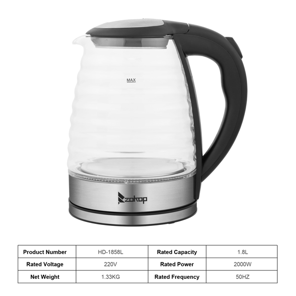 ZOKOP British Standard HD-1858L 1.8L 220V 2000W  Electric Kettle Stainless Steel High Quality Borosilicate Glass Seven Colors Of Lights