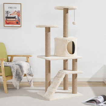 48.82\\" indoor cat tree, multi-level cat tree flat with scratching post, ladder, plush toy, spacious cat hole and large platform, suitable for all kinds of cats, light brown