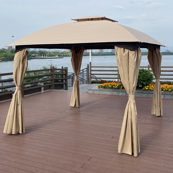 10 x 10 Ft Outdoor Patio Garden Gazebo Canopy With Curtains,Khaki Top [Weekend can not be shipped, order with caution]