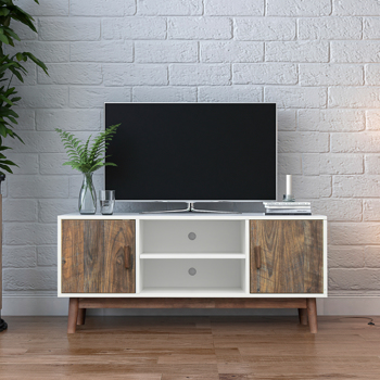 TV Stand Mid-Century Wood Modern Entertainment Center Adjustable Storage Cabinet TV Console for Living Room , White & Espresso