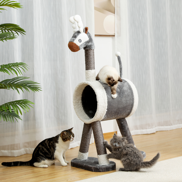Modern Cat Tree Cat Tower with Large Tunnel and Scratching Post Animal Shaped Elk Cat Play House for Indoor Cats