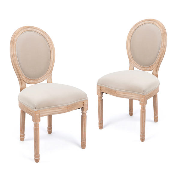 French Country Dining Chair Set of 2, Flannel Upholstered Dining Chair, Farmhouse Fabric Seat, Oval Side Chair with Round Back, Solid Wood Legs for Bedroom Kitchen Dining Room