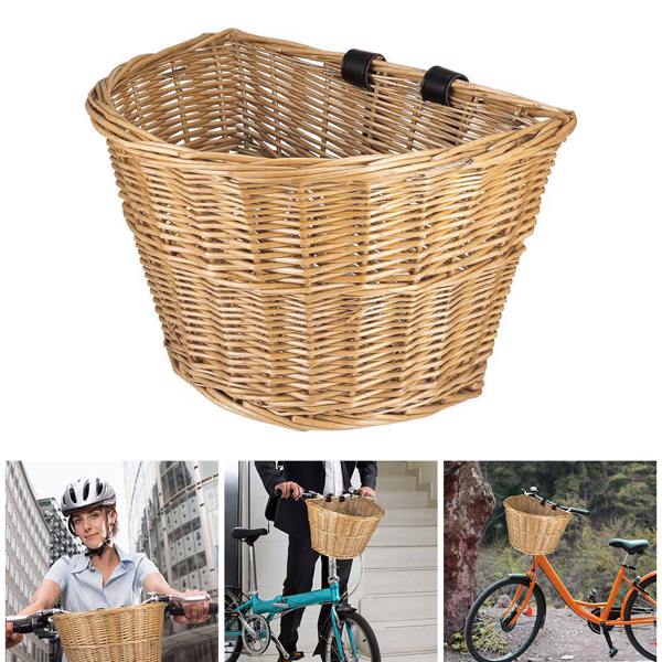 Wicker D-Shaped Bicycle Basket Portable Bike Front Container Mountain Bike Handlebar Storage Box Wicker Front Pan Bag for Mountain Bike Folding Bike