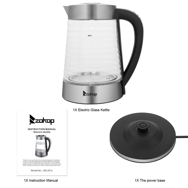 ZOKOP HD-251L 2.2L 220V 2000W  Electric Kettle With Wave Body High Borosilicate Glass Blue Light With Electronic Handle