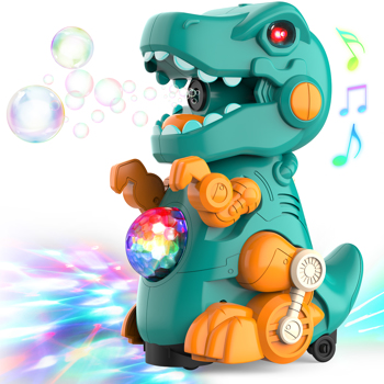 (ABC)Dinosaur Bubble Machine for Kids, Automatic Bubble Maker Blower Toy with Light and Music, 120ML Bubbles Solution Refill, Walking & Stand, Leakage Free, 3000+ Bubbles Per Minute