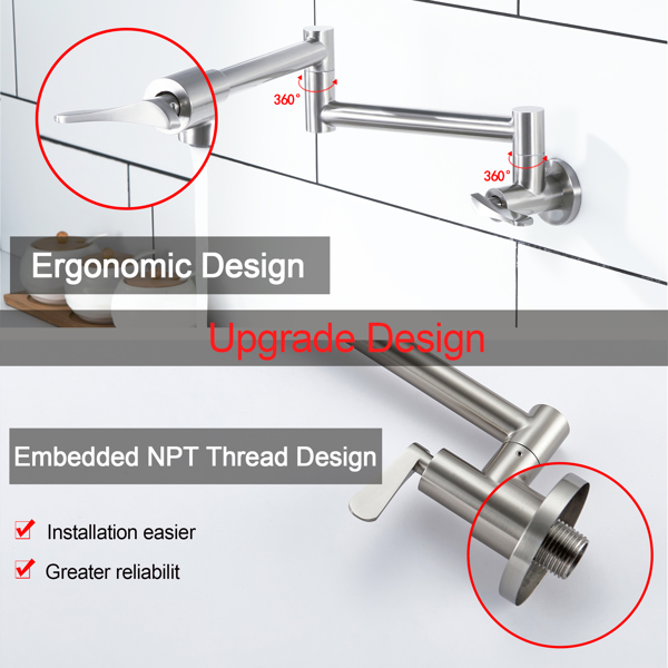 Pot Filler Faucet Wall-Mount for Kitchen Integrated Embedded NPT Thread Design Lead-Free Stainless Steel Faucet with 360° 2-Handle Folding Arms Rotatable Joints Commercial Kitchen Faucet