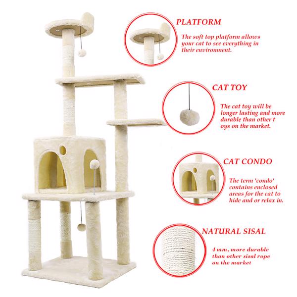 Multi-functional Cat Tree Modern Cat Tower with Sisal Scratching Posts, Roomy Condo, Cozy Top Perch and Dangling Balls Beige