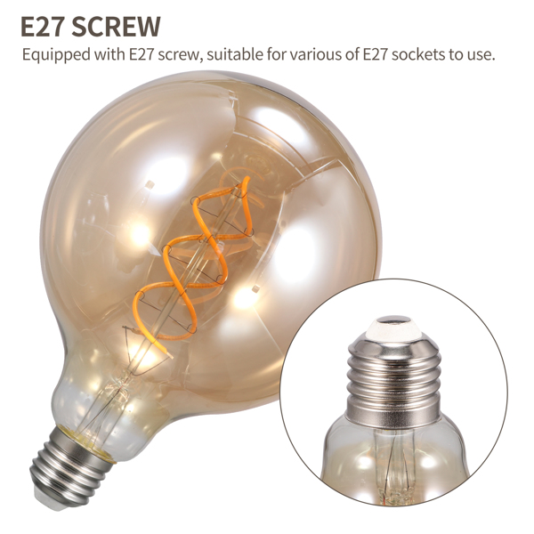 G125 Bulb 2300K Vintage Bulb with E27 Screw Warm White Lighting Curved Filament Amber Glass Shade for Bedroom Living Room Cafe